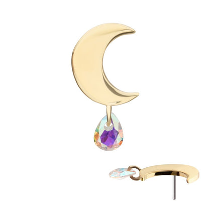 Invictus 14Kt Yellow Gold Threadless Crescent Moon Top with Invisible Set Pear Gem Dangle