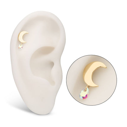 Invictus 14Kt Yellow Gold Threadless Crescent Moon Top with Invisible Set Pear Gem Dangle