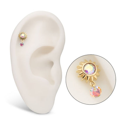 Invictus 14Kt Yellow Gold Threadless Bezel Gem Sunburst Top with Invisible Set Round Dangle