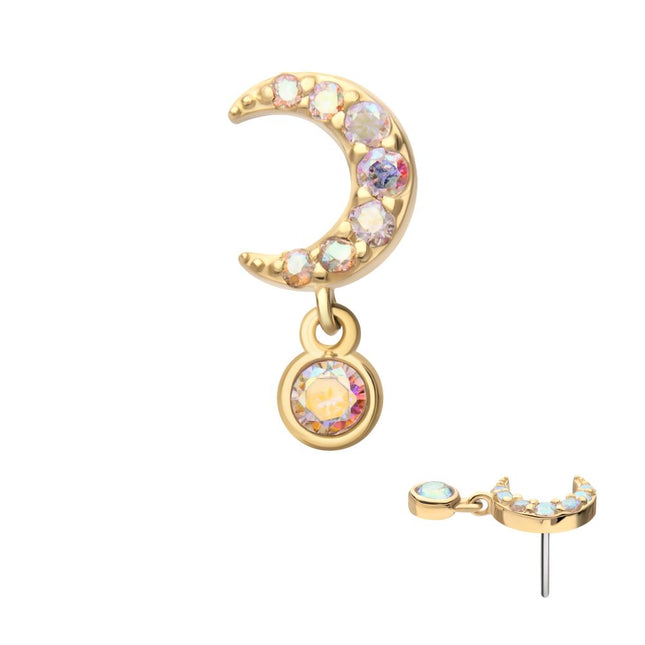 Invictus 14Kt Yellow Gold Threadless Pave Set Gem Crescent Moon Top with Bezel Round Dangle