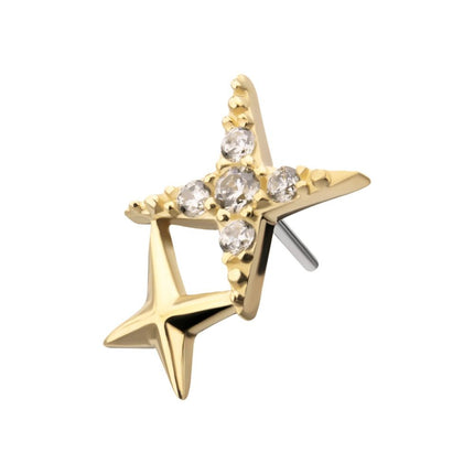 Invictus 14Kt Gold Threadless Pave Set Round Gem Double Celestial Star Top