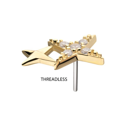 Invictus 14Kt Gold Threadless Pave Set Round Gem Double Celestial Star Top