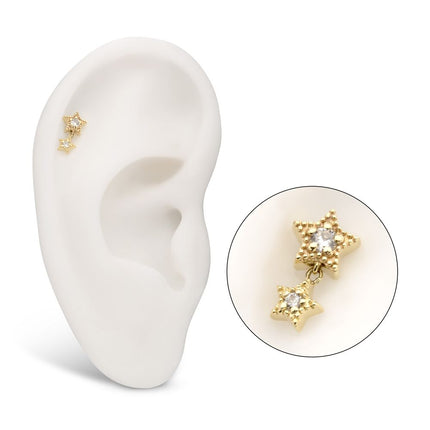 Invictus 14Kt Yellow Gold Threadless Milgrain Edge Double Star Dangle Top with Prong Set Gem