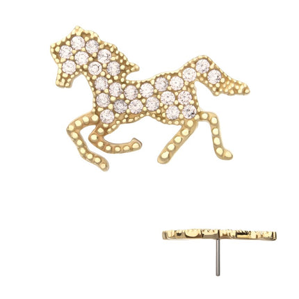 Invictus 14Kt Yellow Gold Threadless Milgrain Edge Gallopping Horse Top with Pave Gem
