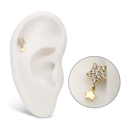 Invictus 14Kt Yellow Gold Threadless Pave Gem Star Top with Gold Star Dangle