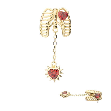 Invictus 14Kt Yellow Gold Threadless Prong Set Heart Gem Rib Cage Top with Spike Heart Dangle