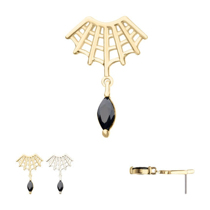 Invictus 14Kt Gold Threadless Fan Shape Spiderweb Top with Black Marquise Gem Dangle