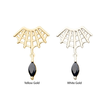Invictus 14Kt Gold Threadless Fan Shape Spiderweb Top with Black Marquise Gem Dangle