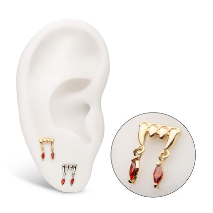 Invictus 14Kt Gold Threadless Dripping Fangs Top with Garnet Marquise Gem Dangle