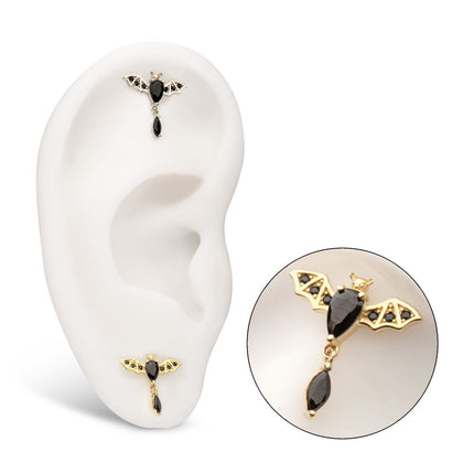 Invictus 14Kt Gold Threadless Prong Set Gem Flying Bat Top with Black Marquise Dangle