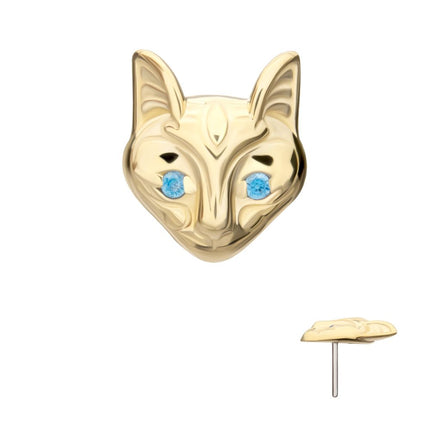 Invictus 14Kt Yellow Gold Threadless Etched Sphynx Cat Head Top with Aqua Gem Eyes