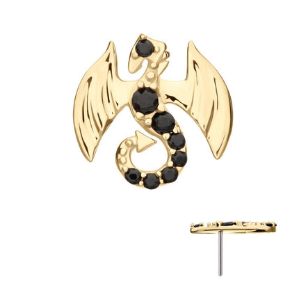 Invictus 14Kt Yellow Gold Threadless Winged Dragon with Prong Set Black Gem Top