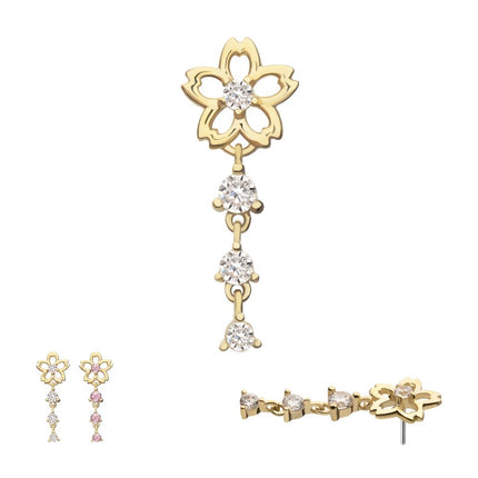 Invictus 14Kt Yellow Gold Threadless Cut Out Cherry Blossom Flower Top with Triple Prong Set Gem Dangle