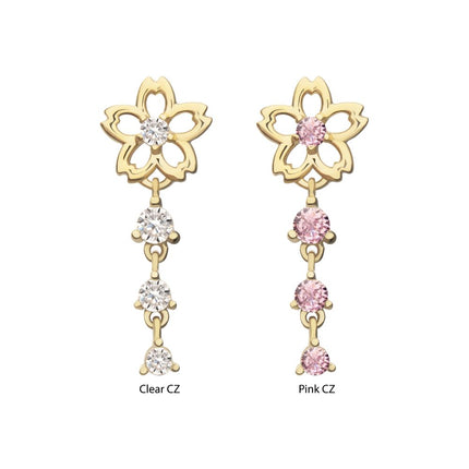 Invictus 14Kt Yellow Gold Threadless Cut Out Cherry Blossom Flower Top with Triple Prong Set Gem Dangle