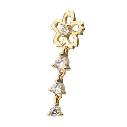 Invictus 14Kt Yellow Gold Threadless Cut Out Cherry Blossom Flower Top with Triple Prong Set Gem Dangle