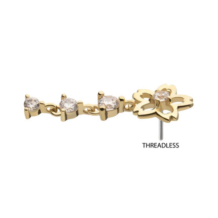 Invictus 14Kt Yellow Gold Threadless Cut Out Cherry Blossom Flower Top with Triple Prong Set Gem Dangle