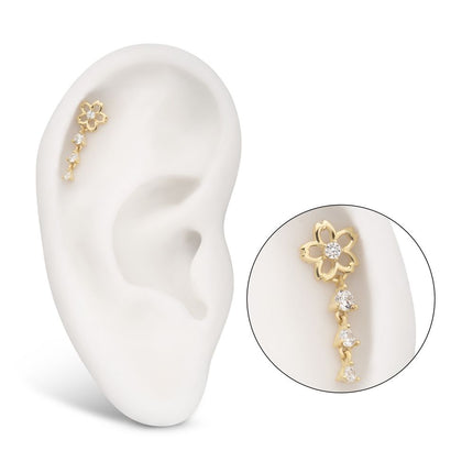 Invictus 14Kt Yellow Gold Threadless Cut Out Cherry Blossom Flower Top with Triple Prong Set Gem Dangle
