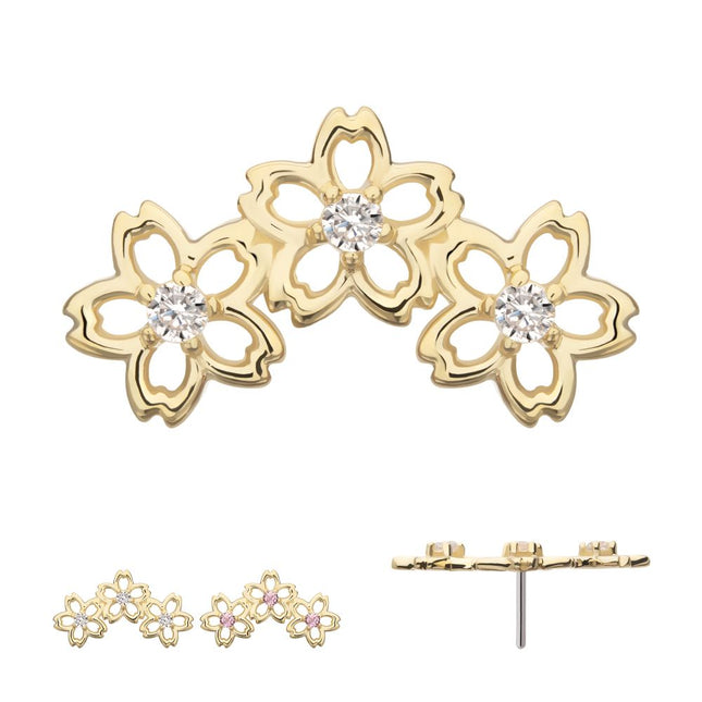 Invictus 14Kt Yellow Gold Threadless Triple Cut Out Cherry Blossom Flower Top with Prong Set Gem