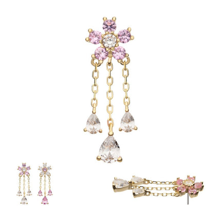 Invictus 14Kt Yellow Gold Threadless 5-Petal Prong Set Gem Cherry Blossom Flower Top with Triple Teardrop Dangle