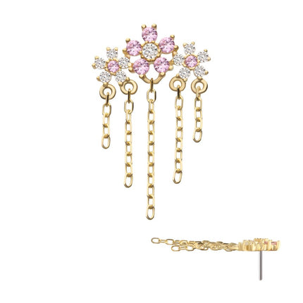Invictus 14Kt Yellow Gold Threadless Prong Set Gem Triple Cherry Blossom Flower Top with 5-Chain Dangle