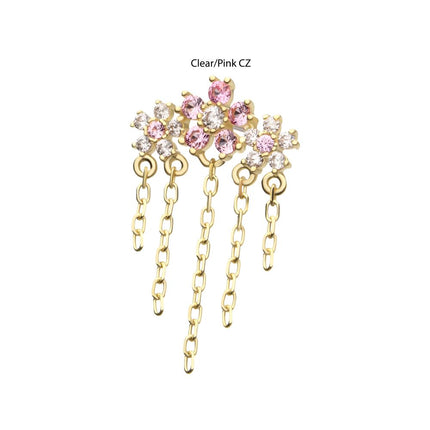 Invictus 14Kt Yellow Gold Threadless Prong Set Gem Triple Cherry Blossom Flower Top with 5-Chain Dangle