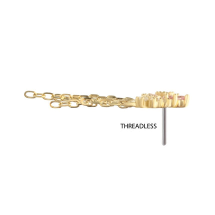 Invictus 14Kt Yellow Gold Threadless Prong Set Gem Triple Cherry Blossom Flower Top with 5-Chain Dangle