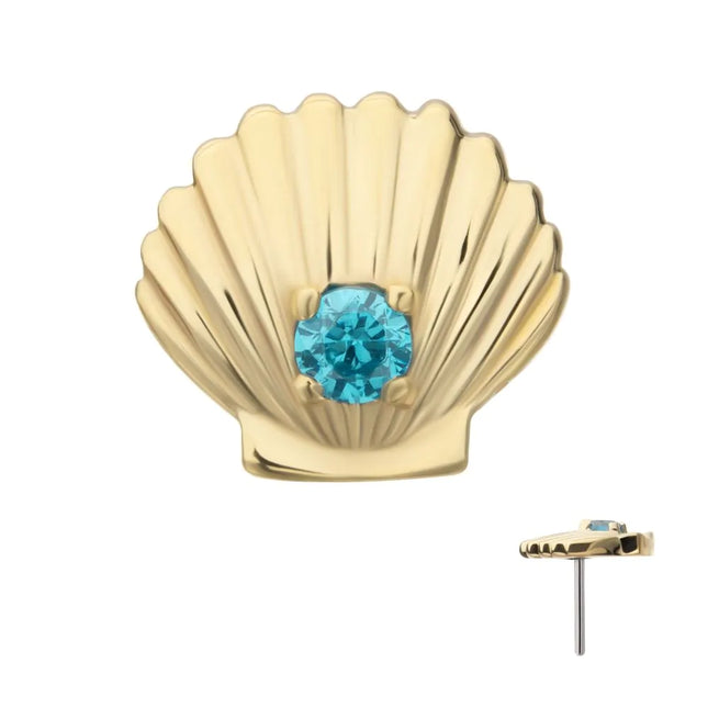 Invictus 14Kt Yellow Gold Threadless Etched Seashell Top with Prong Set Aqua Gem