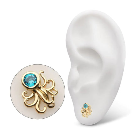 Invictus 14Kt Yellow Gold Threadless Sprawling Octopus Top with Bezel Aqua Gem