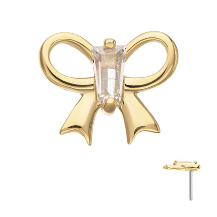 Invictus 14Kt Yellow Gold Threadless Cut Out Bow with Prong Set Baguette Gem Top