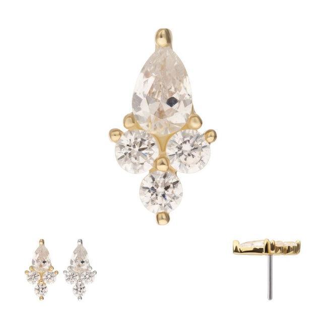 Invictus 14Kt Gold Threadless Prong Set Teardrop & Triple Round Gem Top