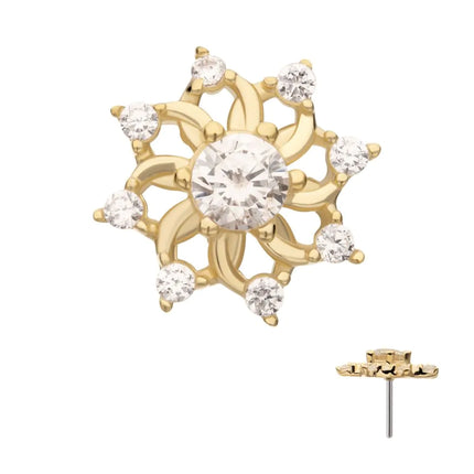 Invictus 14Kt Yellow Gold Threadless Swirled Flower Top with Prong Set Gem