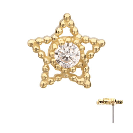Invictus 14Kt Yellow Gold Threadless Cut Out Beaded Edge Star Top with Gem