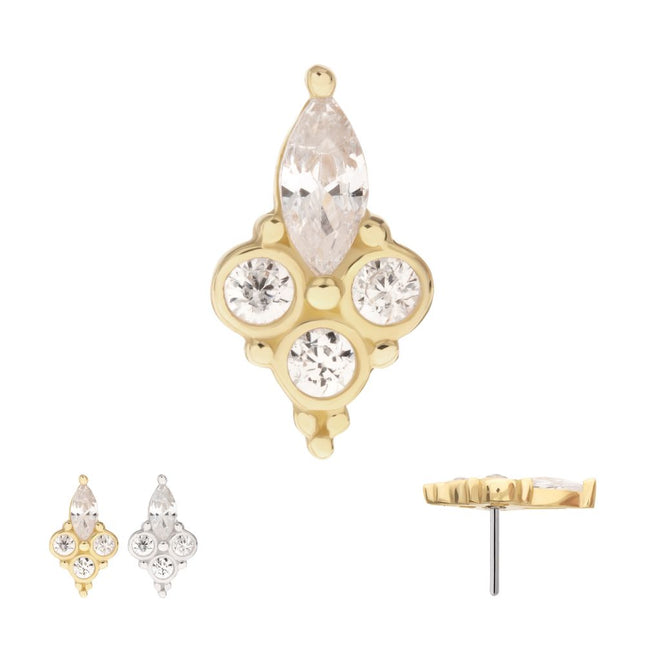 Invictus 14Kt Gold Threadless Prong Set Marquise & Triple Round Gem Top
