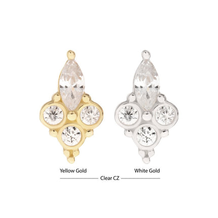 Invictus 14Kt Gold Threadless Prong Set Marquise & Triple Round Gem Top