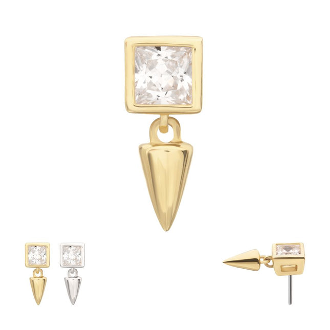 Invictus 14Kt Gold Threadless Bezel Princess Cut Gem Top with Spike Dangle