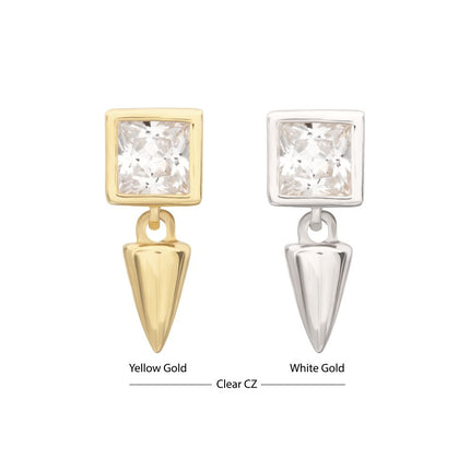 Invictus 14Kt Gold Threadless Bezel Princess Cut Gem Top with Spike Dangle