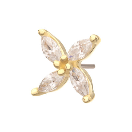 Invictus 14Kt Yellow Gold Threadless Prong Set Marquise CZ Gem 4-Petal Flower Top