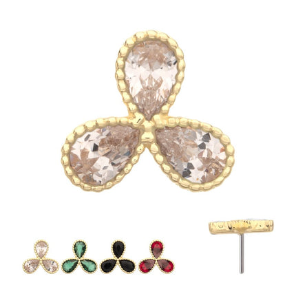 Invictus 14Kt Yellow Gold Threadless Milgrain Edge Teardrop CZ Gem 3-Petal Flower Top