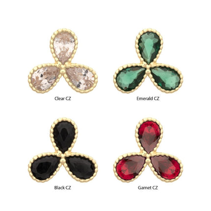 Invictus 14Kt Yellow Gold Threadless Milgrain Edge Teardrop CZ Gem 3-Petal Flower Top