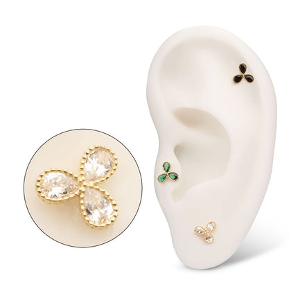 Invictus 14Kt Yellow Gold Threadless Milgrain Edge Teardrop CZ Gem 3-Petal Flower Top