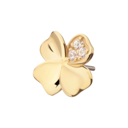 Invictus 14Kt Yellow Gold Threadless 3D Clover Top with Triple CZ Gem