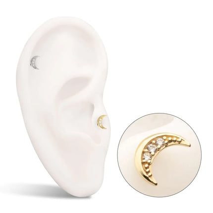 Invictus 14Kt Gold Threadless Pave CZ Gem Crescent Moon Top