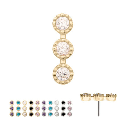 Invictus 14Kt Gold Threadless Milgrain Edge Triple Cluster Bezel CZ Gem Top