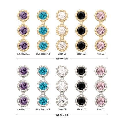 Invictus 14Kt Gold Threadless Milgrain Edge Triple Cluster Bezel CZ Gem Top