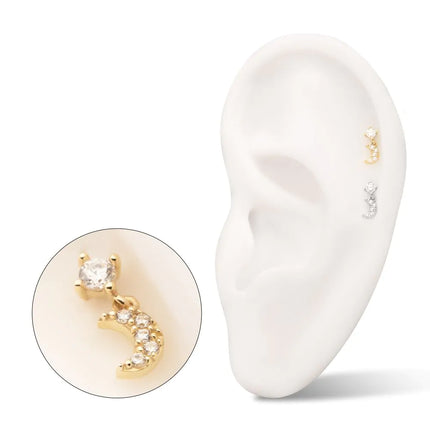 Invictus 14Kt Gold Threadless 4-Prong CZ 2mm Gem Top with Pave CZ Gem Crescent Moon Dangle