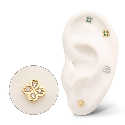 Invictus 14Kt Gold Threadless 4 Leaf Clover with Prong Gem Accents Top