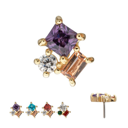 Invictus 14Kt Yellow Gold Threadless 3-Cluster Round, Square & Baguette Prong Set Multi-Gem Top