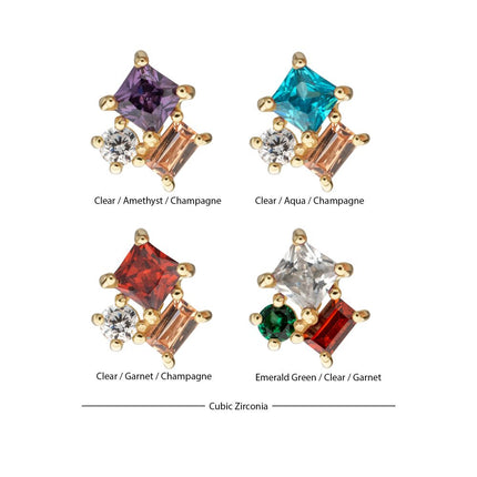 Invictus 14Kt Yellow Gold Threadless 3-Cluster Round, Square & Baguette Prong Set Multi-Gem Top