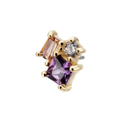 Invictus 14Kt Yellow Gold Threadless 3-Cluster Round, Square & Baguette Prong Set Multi-Gem Top