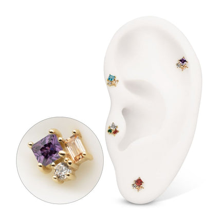 Invictus 14Kt Yellow Gold Threadless 3-Cluster Round, Square & Baguette Prong Set Multi-Gem Top